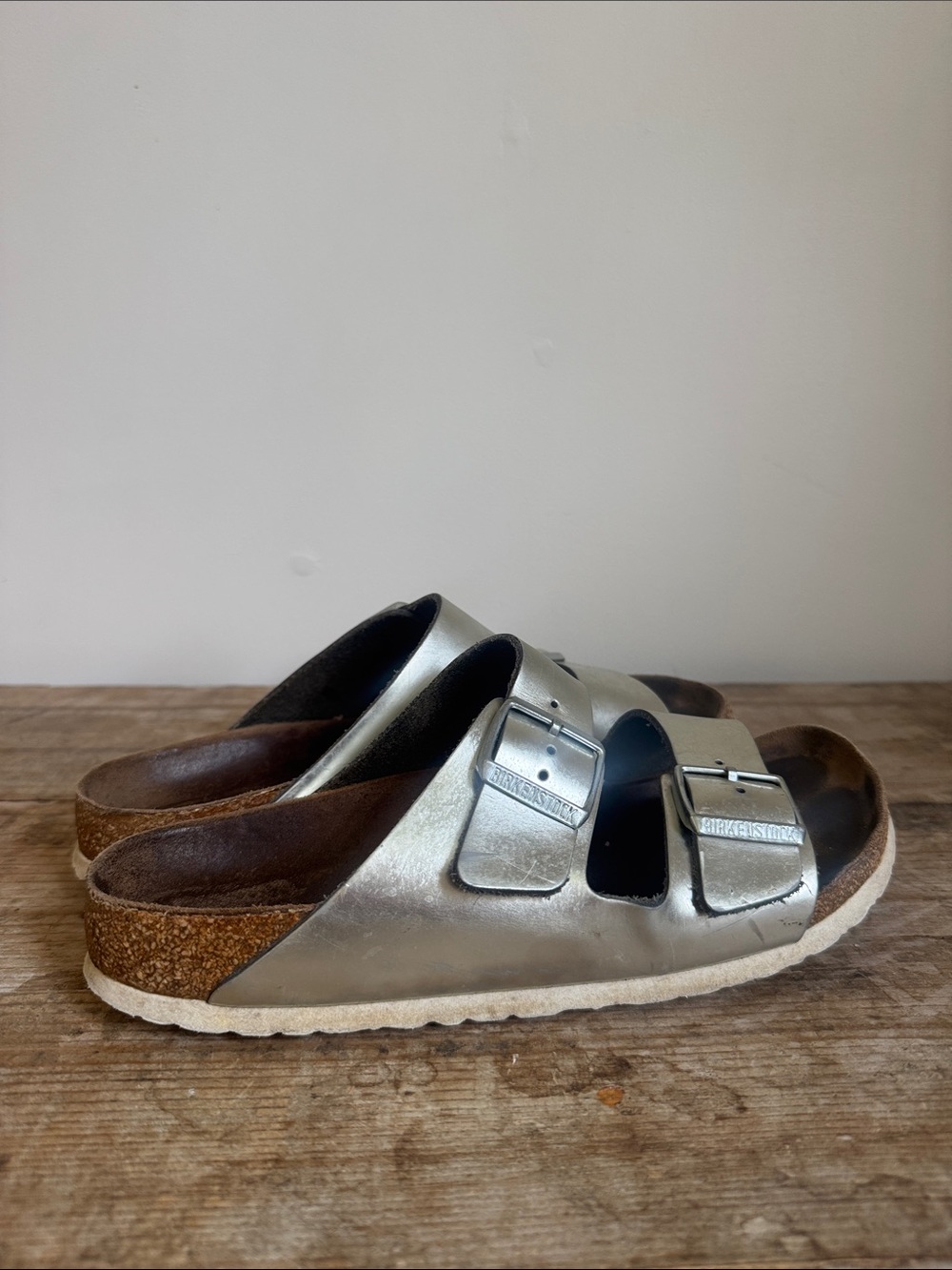 Birkenstock 41 Womens Silver Arizona Double Strap Sandals